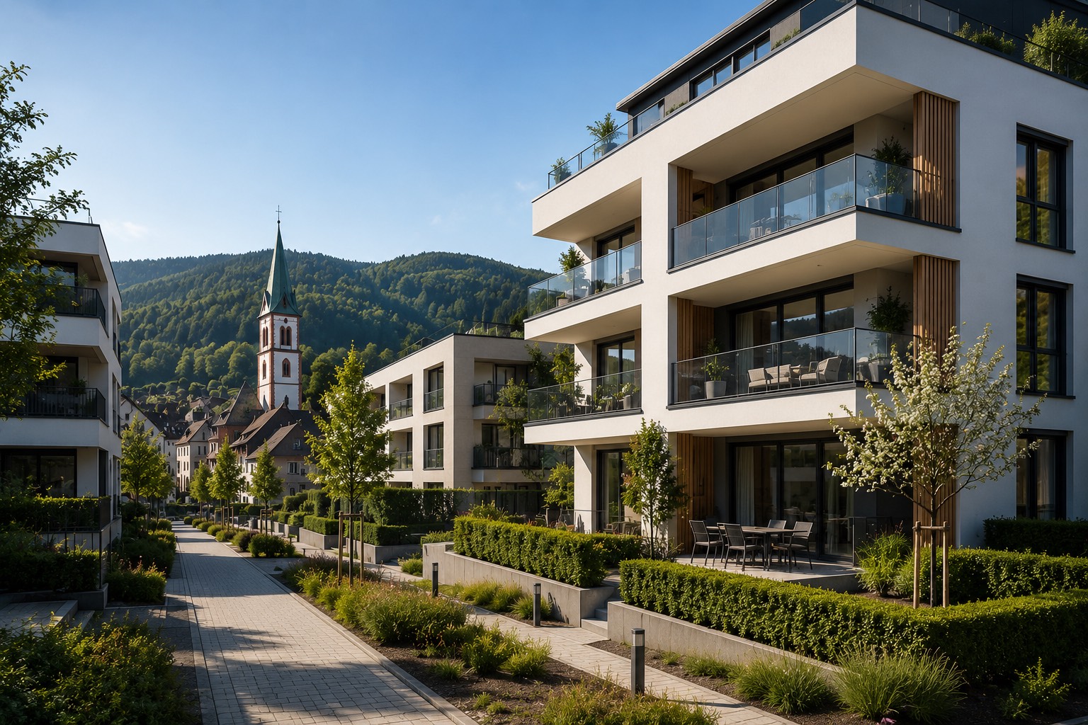 Moderner Neubau im Schwarzwald vor Kirchturm und Hügelkette