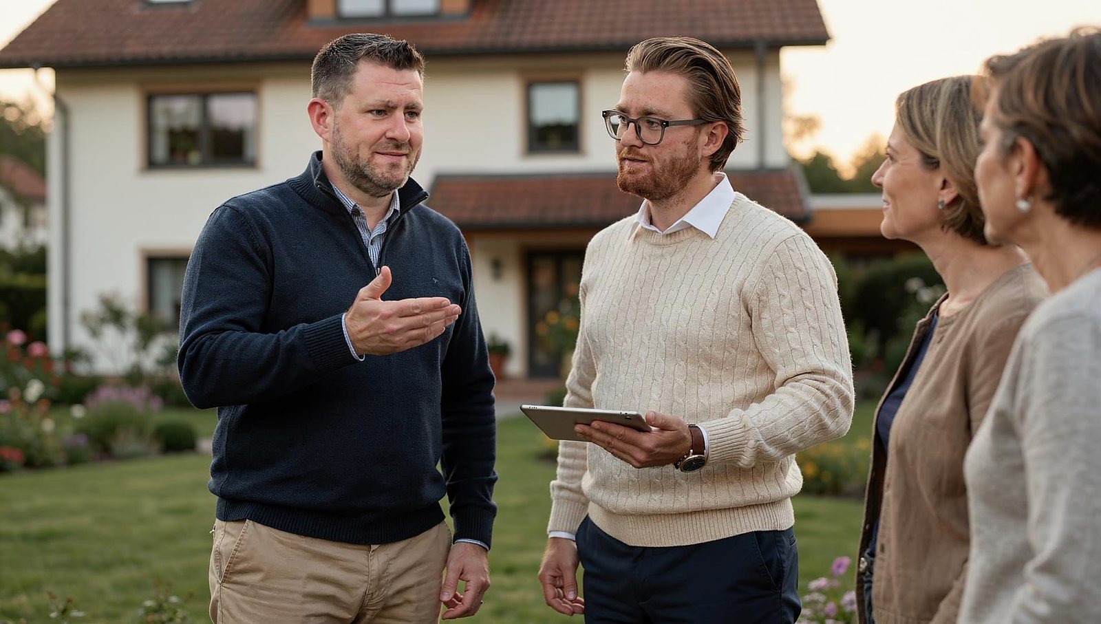 Jöran C. Bayer und Finn C. M. Bayer im Gespräch mit Interessentinnen vor einem Einfamilienhaus