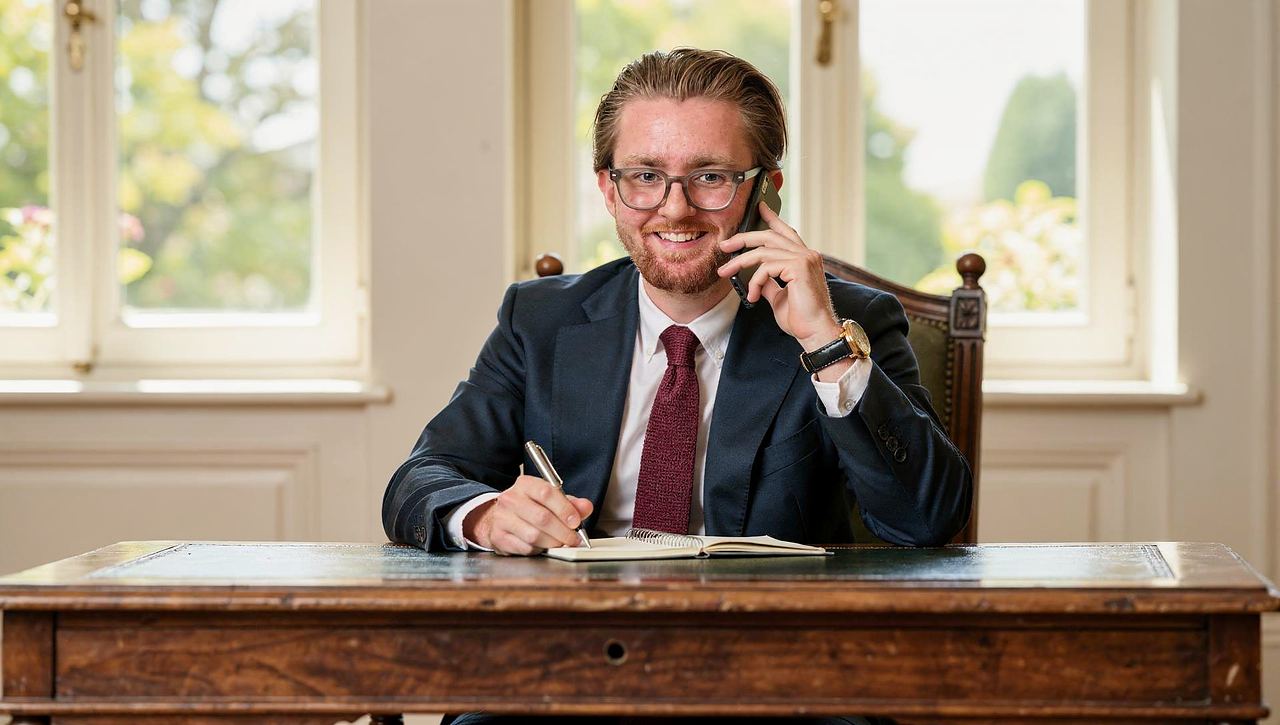 Finn C. M. Bayer telefoniert am Schreibtisch
