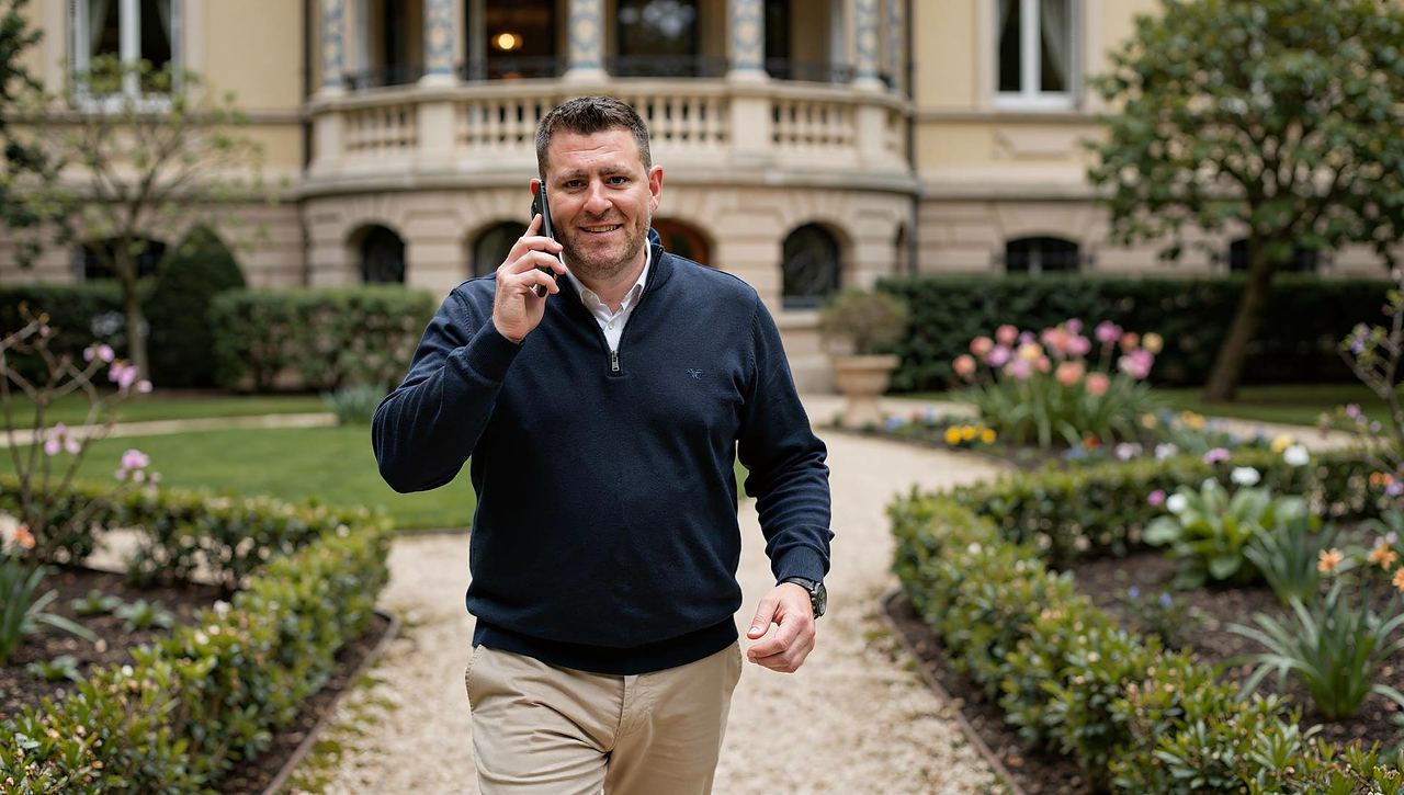Jöran C. Bayer telefoniert im Garten der Villa Marckwardt