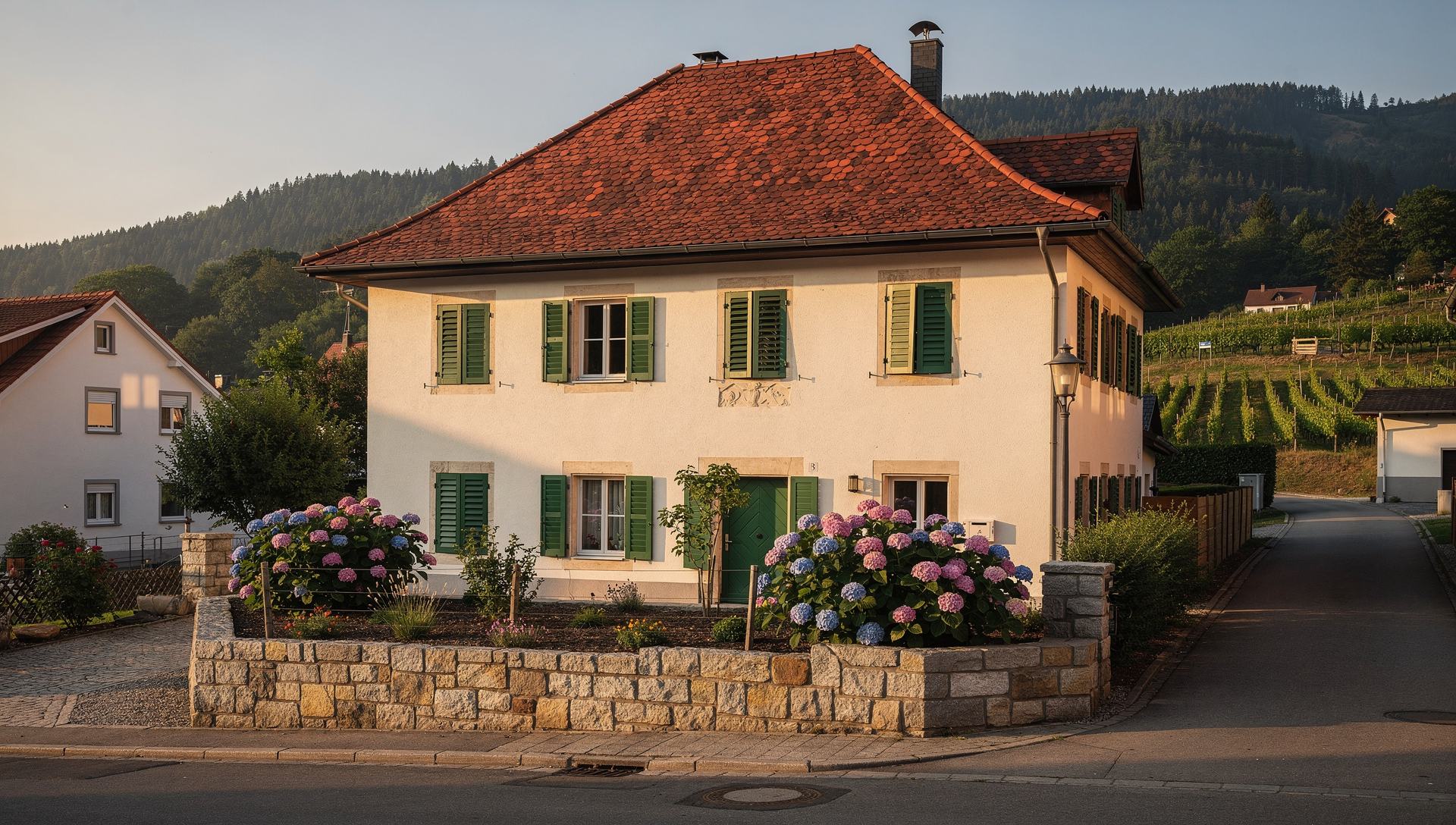 Gepflegtes Einfamilienhaus im badischen Stil mit grünen Klappläden und Sandsteinmauer, dahinter Weinberge und Schwarzwald (KI-Visualisierung)